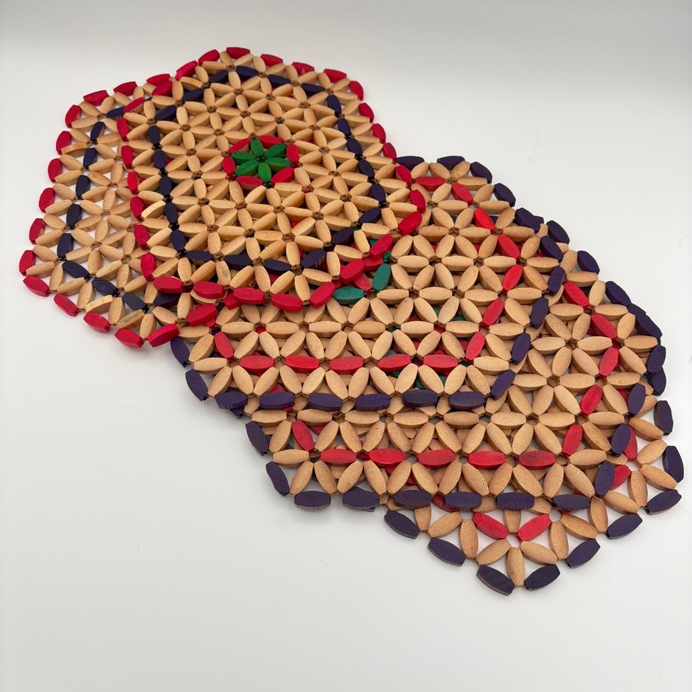Set of Five Hexagonal Wooden Beaded Trivets Natural Red Purple Green